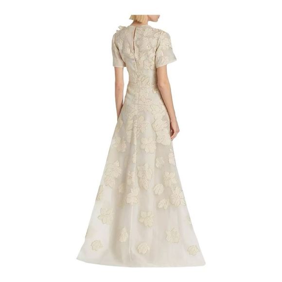 ❌❌ Sold Teri Jon by Rickie Freeman Ivory and Gold Floral Jacquard A-line Gown - Picture 5 of 12
